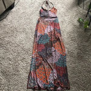 Halter vibrant maxi dress with slits and back detail